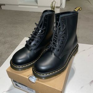 Smooth Black Authentic Leather Dr. Martens Boots/Bex Sole/Yellow Welt Stitching